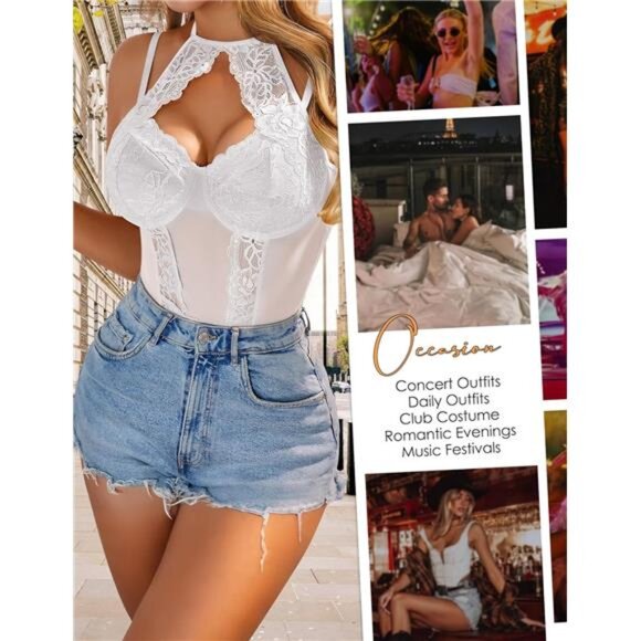 Women Teddy Lingerie Sexy Snap Crotch Lace Bodysuit White - Picture 4 of 6